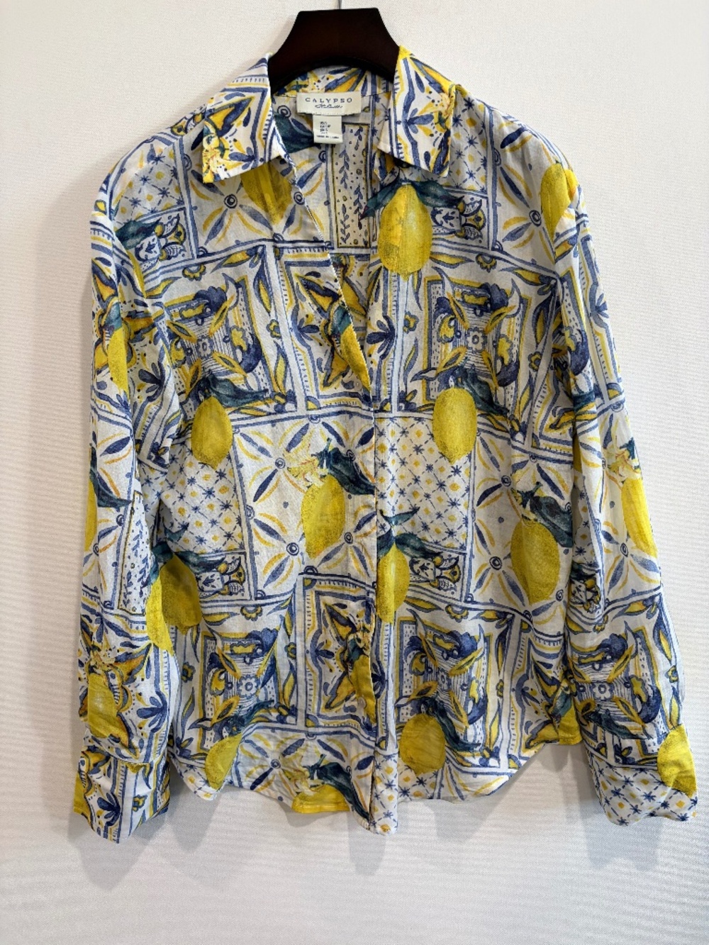 Calypso St. Barth Lemon Tile Print Cotton Button Down Shirt S